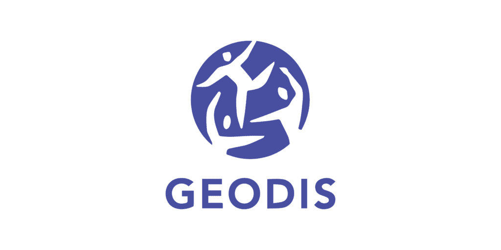 The image displays a logo consisting of a stylized representation of the globe, featuring abstract human figures in motion that form a circular pattern, along with the word "geodis" written in capital letters underneath it. the color theme is a monochromatic shade of blue.