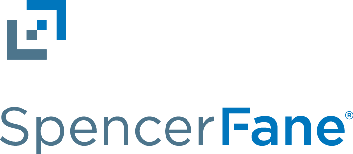 A graphic logo consisting of a stylized "sf" above the words "spencer fane" in blue font.